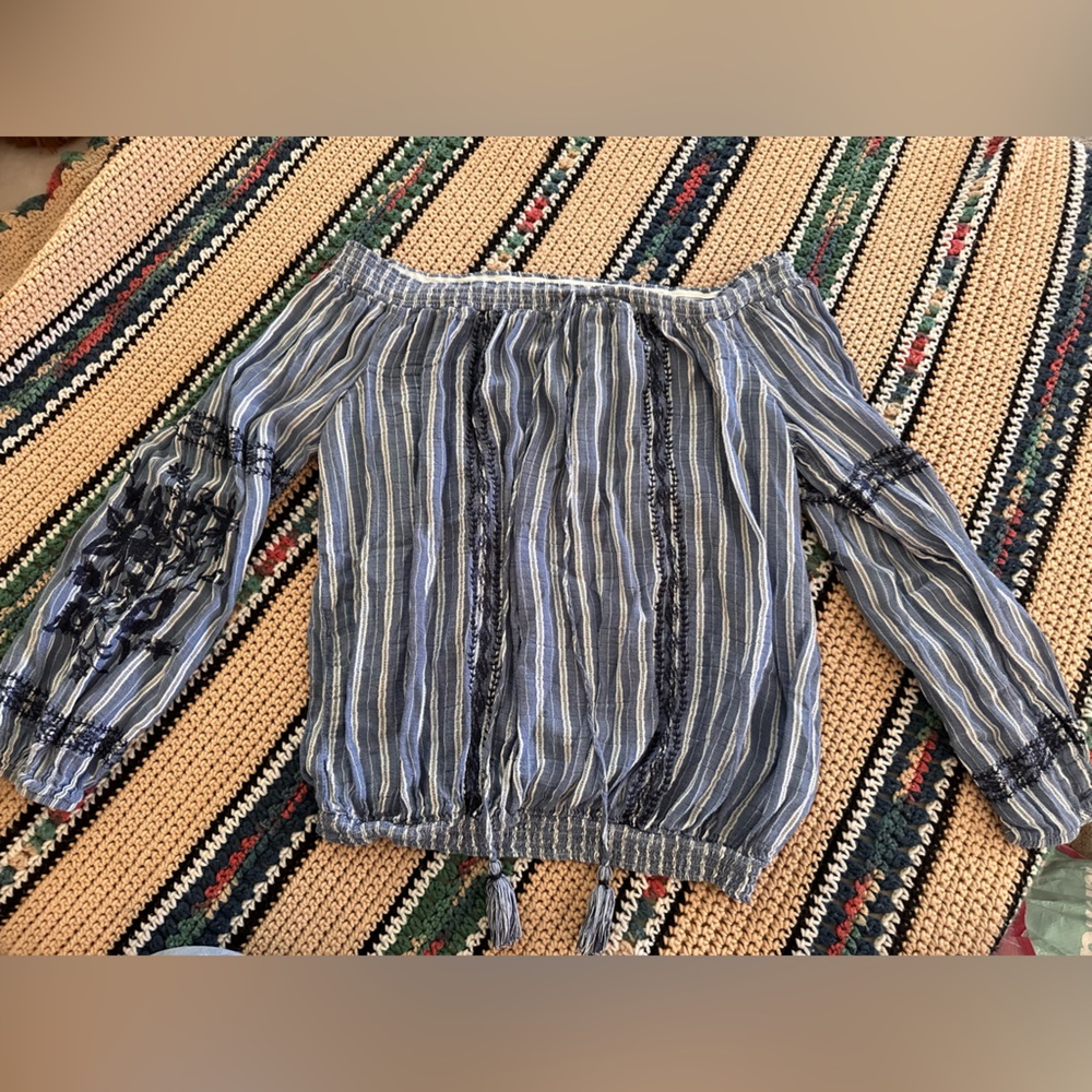 Xhilaration Navy and White Striped Off the Shoulder Blouse